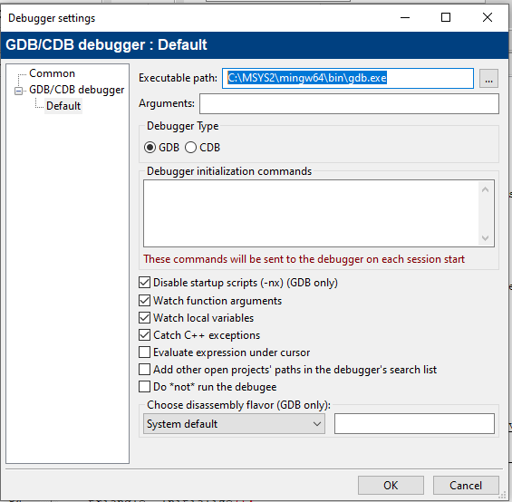 Opcje Debuggera Code::Blocks