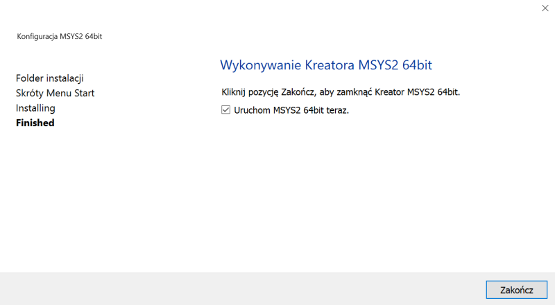 koniec instalacji MSYS2