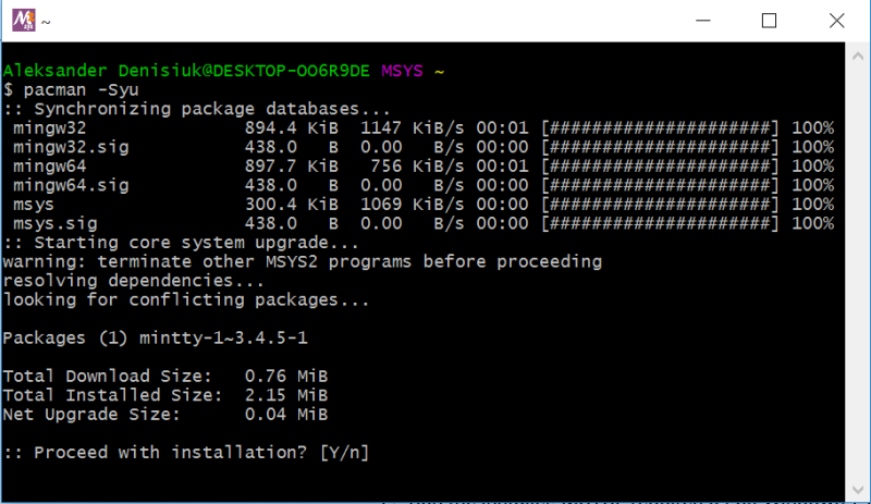 koniec instalacji MSYS2