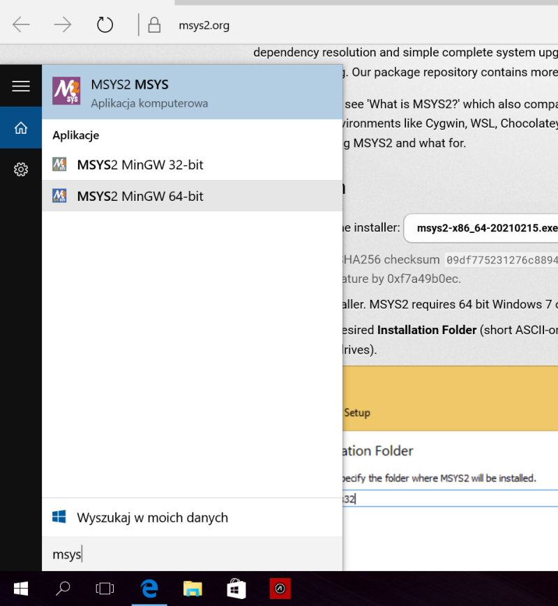 koniec instalacji MSYS2