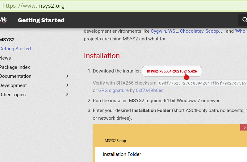 Strona z instalatorem MSYS2